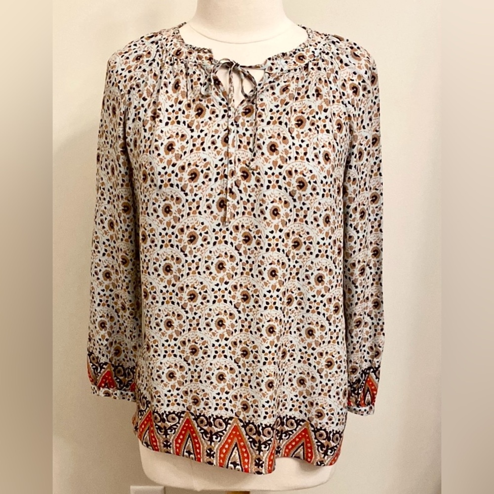 Lucky Brand Red Black Floral SZ S Bohemian Folkloric Cottagecore Ruffled Top